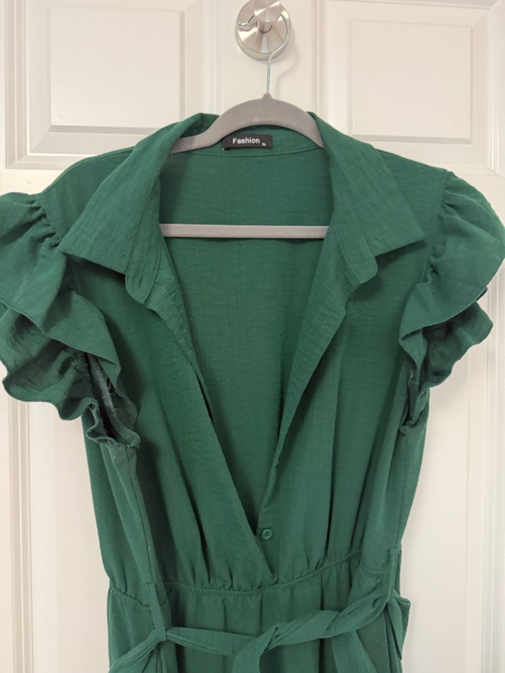 Dark Green Tiered Midi Dress with Waist Tie - Picture 4 of 5